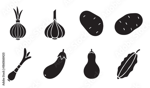 Collection of black silhouette vegetable icons featuring popular healthy produce
