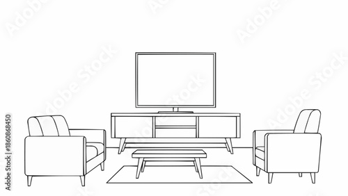 Minimalist living room sketch with television and furniture.