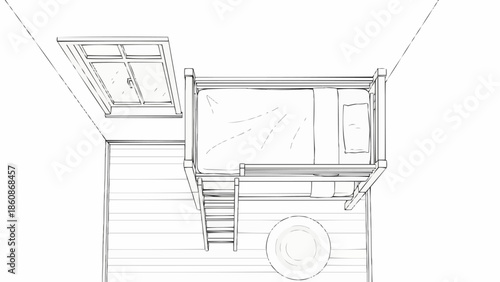 Minimalist loft bedroom design sketch with skylight and ladder.