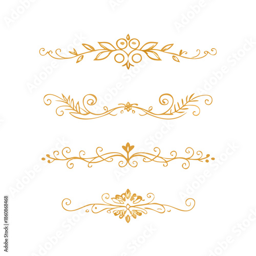 Gold text dividers doodle set. Wedding decorative elements. Divider ornament, borders, floral, vintage line separators. Hand drawn vector illustration isolated on white background. Set page dividers.