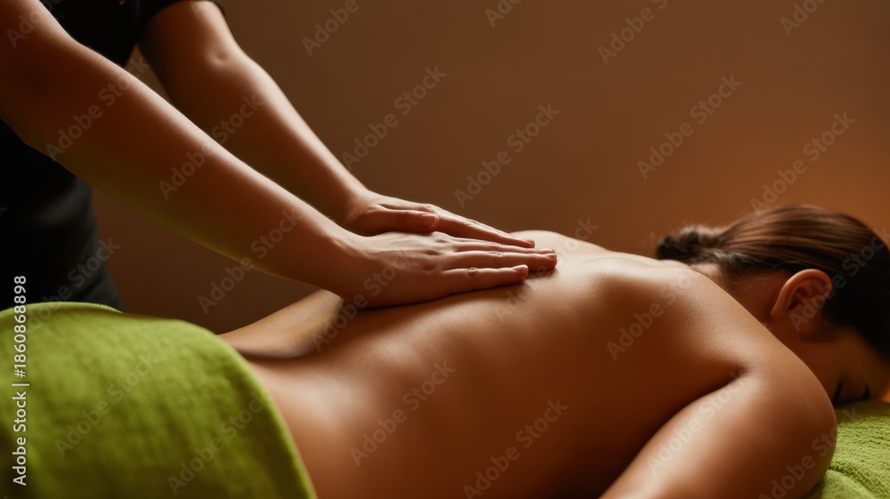 Obraz premium Serene Massage Session: A massage therapist's hands work to relieve tension and soothe a person's back. The image portrays wellness, relaxation, and self-care.