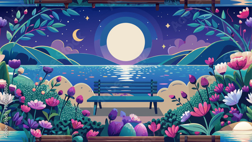 Serene nighttime garden under the moonlight