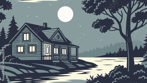 Serene lakeside cottage under moonlight