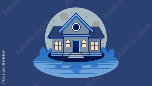 House floating under full moon