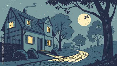 Cozy cottage under moonlight