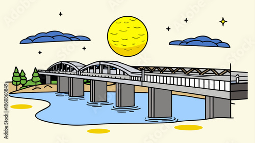 Illustrated bridge over calm river