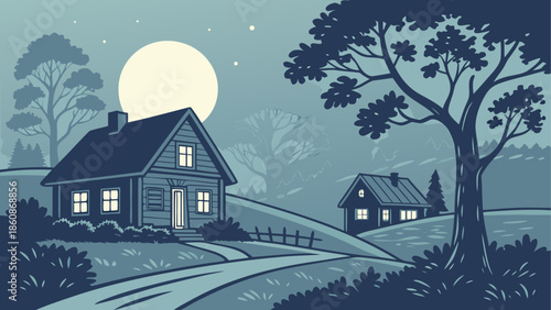 Serene countryside home under moonlight