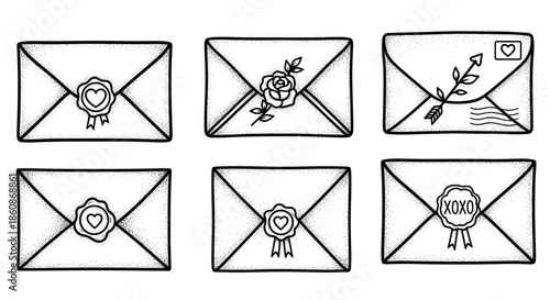 Set of six hand-drawn envelopes with decorative elements like wax seals and floral designs.