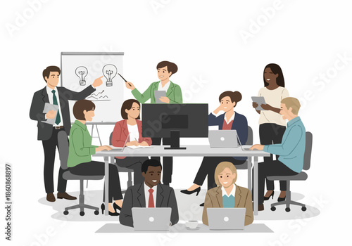A successful leadership team of professional businesspeople and executives in suits conducts a productive meeting and works together inside a modern company office