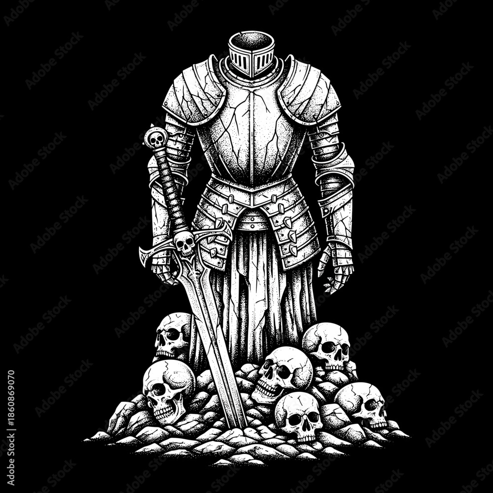Obraz premium headless knight armor with sword and skulls illustration.