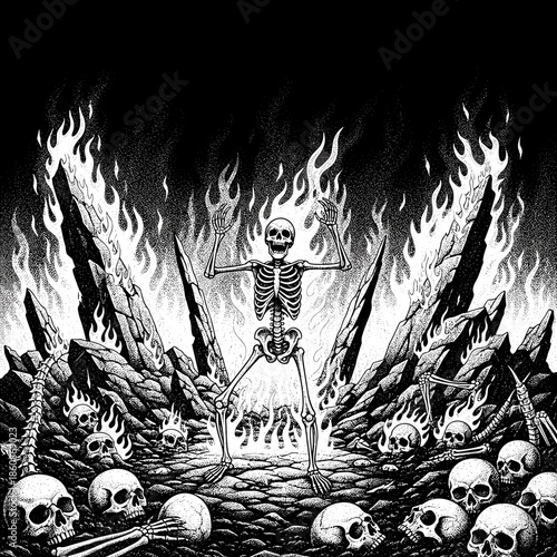 A skeletal figure stands amidst a fiery inferno surrounded by skulls and bones.