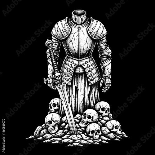 headless knight armor with sword and skulls illustration.