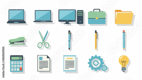 Office Supplies and Equipment Flat Vector Illustration Set.