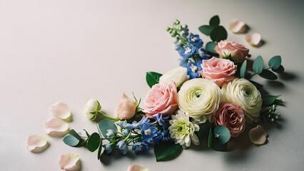 Elegant floral flat lay with pastel roses ranunculus and eucalyptus on a light background with copy space