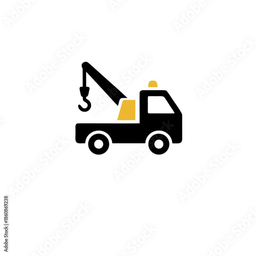Yellow tow truck with hook icon, vector illustration