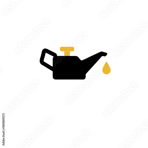 Simple vector graphic of an oil can with a golden drop, symbolizing essential automotive maintenance, engine lubrication, and vehicle service. Ideal for auto care concepts