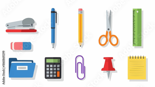 Office Supplies Collection - Stapler, Pen, Pencil, Scissors, Ruler, and More.