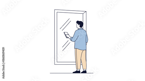 Person Standing and Using a Tablet in Front of a Mirror in a Minimalist Style