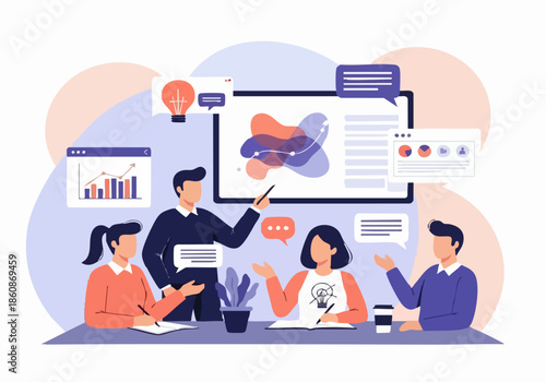 Vector illustration set of business people in a flat design meeting and using internet communication technology for social media network management