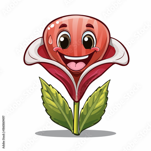 Happy smiling flower character with leaves