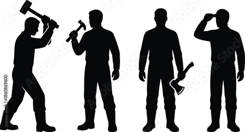 Manual labor worker silhouette set showing men holding hammer axe and saluting standing poses isolated on white background vector illustration