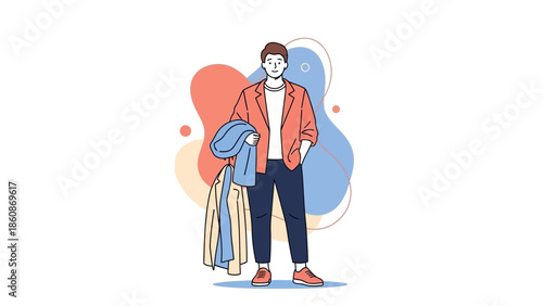 Modern young man standing confidently with casual style and colorful background