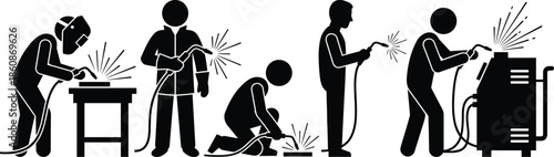 Welding worker silhouette set showing industrial welders using protective equipment and machinery working poses isolated on white background vector illustration