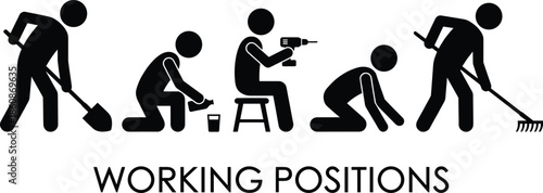 Working positions silhouette illustration showing different labor postures kneeling sitting bending tool use isolated on white background vector