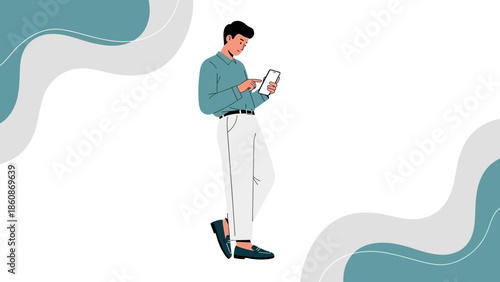 Modern young man using smartphone in casual indoor setting with abstract design elements