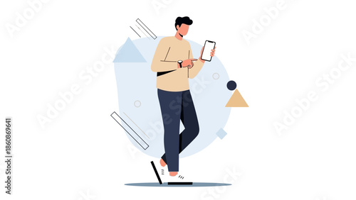Modern young man using smartphone with digital tablet in casual attire minimalist illustration