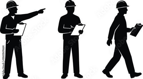 Construction supervisor silhouette set showing engineer pointing inspecting clipboard and walking site management poses isolated on white background vector illustration