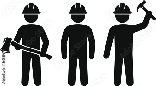 Construction worker icon set showing builder with axe hammer and safety helmet standing poses isolated on white background vector illustration