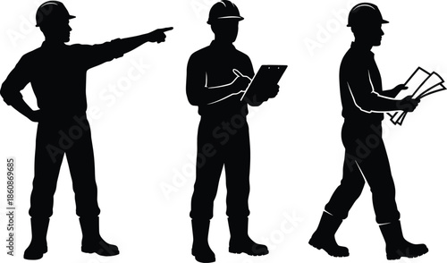 Construction supervisor silhouette set showing engineer pointing direction inspecting clipboard and carrying plans isolated on white background vector illustration
