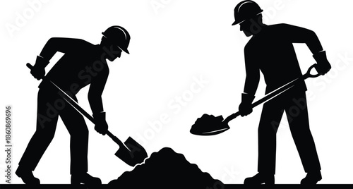 Construction worker silhouette illustration showing two laborers digging soil with shovels teamwork manual labor isolated on white background vector