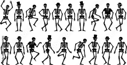 Dancing skeleton silhouette set showing spooky Halloween characters in playful poses costumes and movement isolated on white background vector illustration