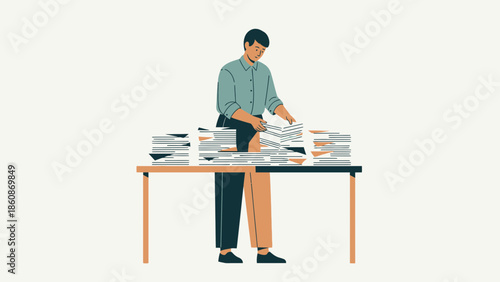 Overwhelmed Office Worker Sorting Through Massive Stacks of Paper Files at Desk