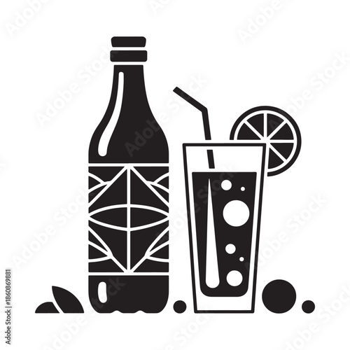 Refreshing drinks a bottle glass with straw and citrus slices illustration