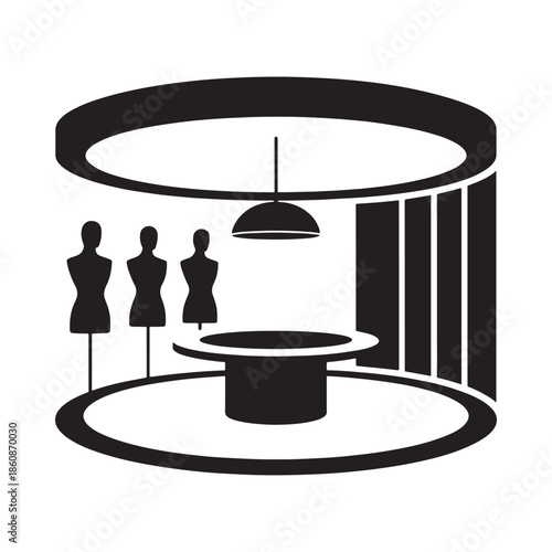 Minimalist fashion display with mannequins inside a circular modern showroom