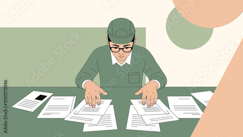 Person sorting and organizing multiple documents on a table in an office setting