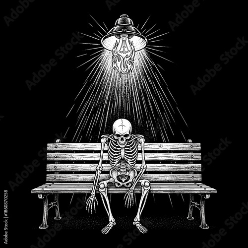 Skeleton sitting alone on a park bench under a bright light.