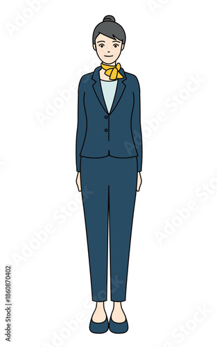 Female flight attendant in navy pantsuit uniform with yellow scarf