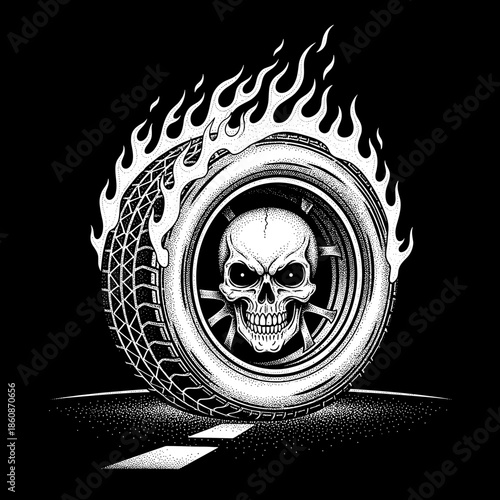 Burning Tire with Skull Emblem on a Dark Road.