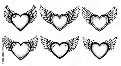 Set of six stylized hearts with wings in a vintage tattoo style.