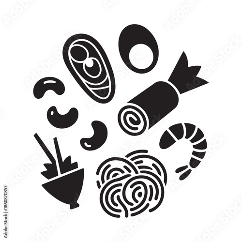 A collection of various food items in a black and white icon set