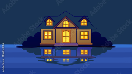 Cozy house by the water at night