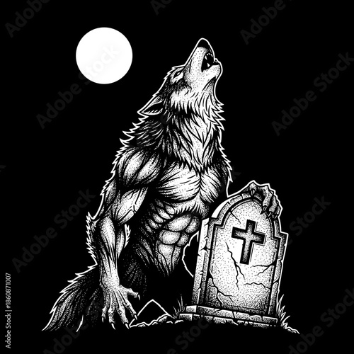 Werewolf howling at the moon beside a tombstone.