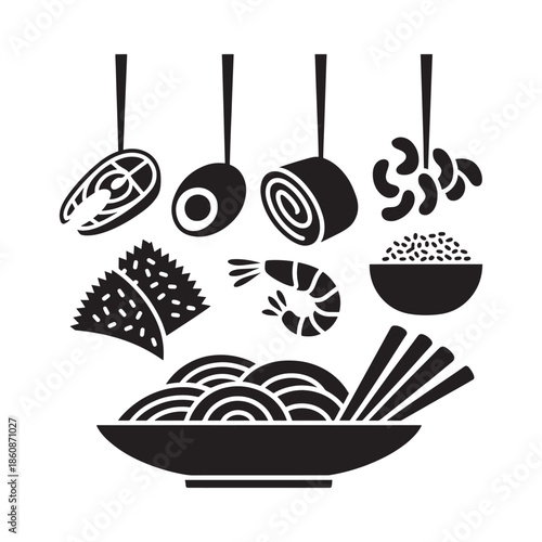 A collection of various japanese food items represented in simple black icons