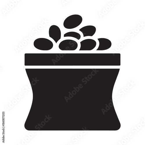 A simple black and white illustration of a treasure chest overflowing with coins