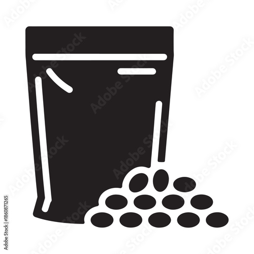 Simple black and white icon of a food pouch with scattered pellets