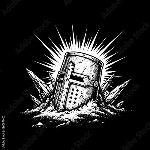 Ancient Knight Helmet Emerging from Rocky Terrain with Radiant Light.